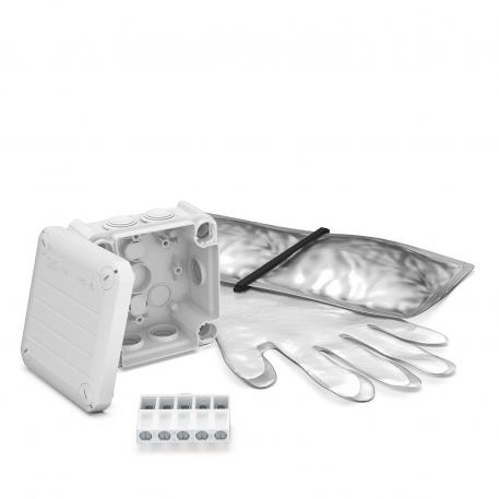 Boîte de dérivation T 60 avec embout à tétine et bornier de raccordement, résine coulée 100x100x48 | 7 | IP68 | gris clair; RAL 7035